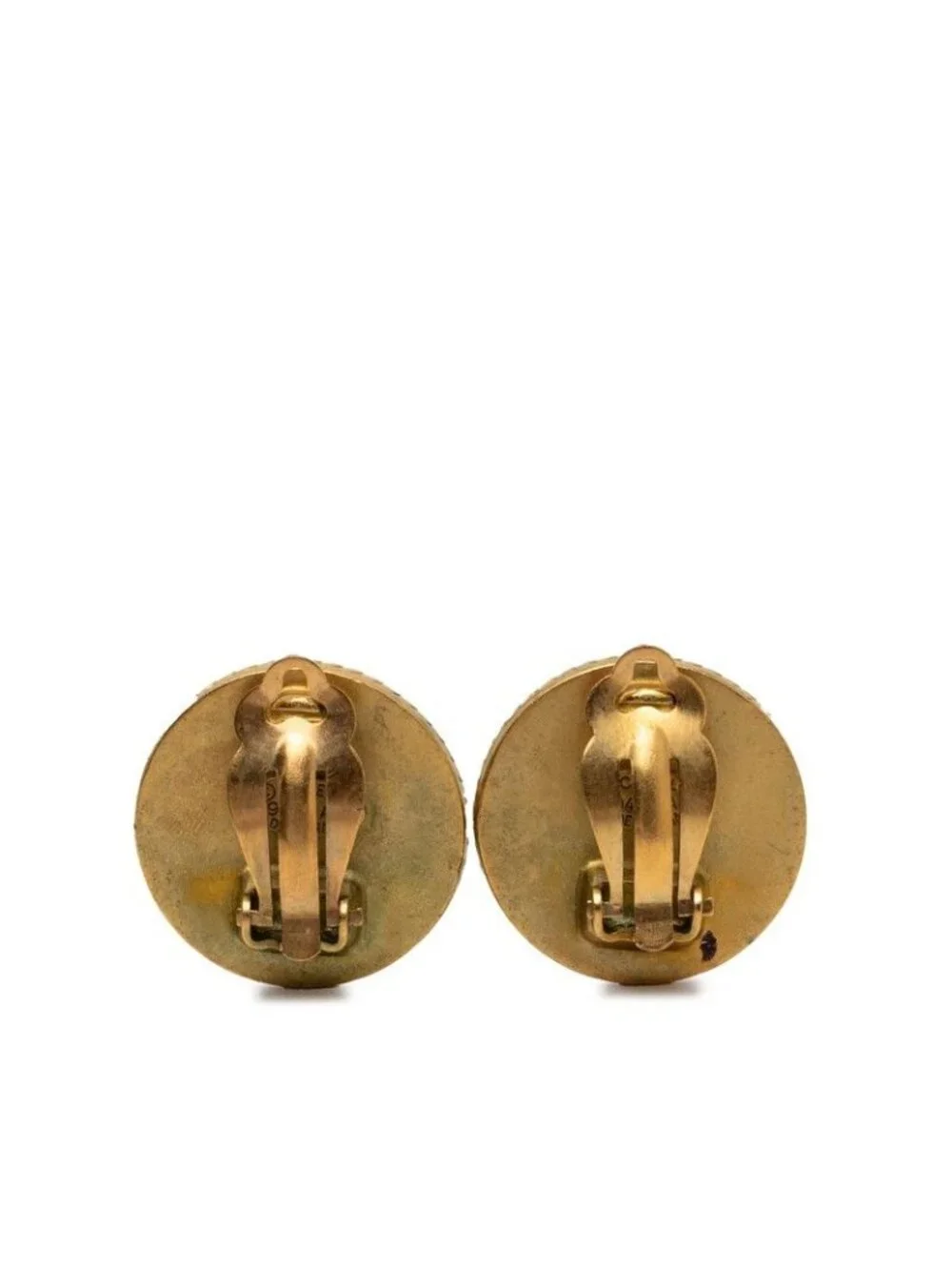 Chanel CC Logo Vintage Round Earrings Shell Gold Black Plated